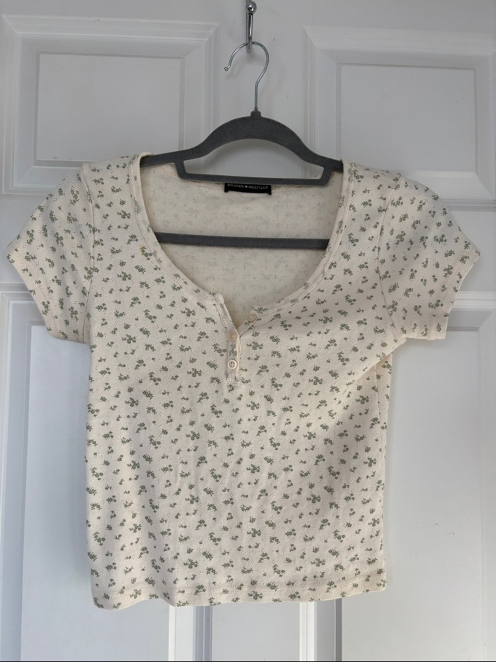 MUST GO! Brandy Melville Cream Top with Green Micro Floral Henley